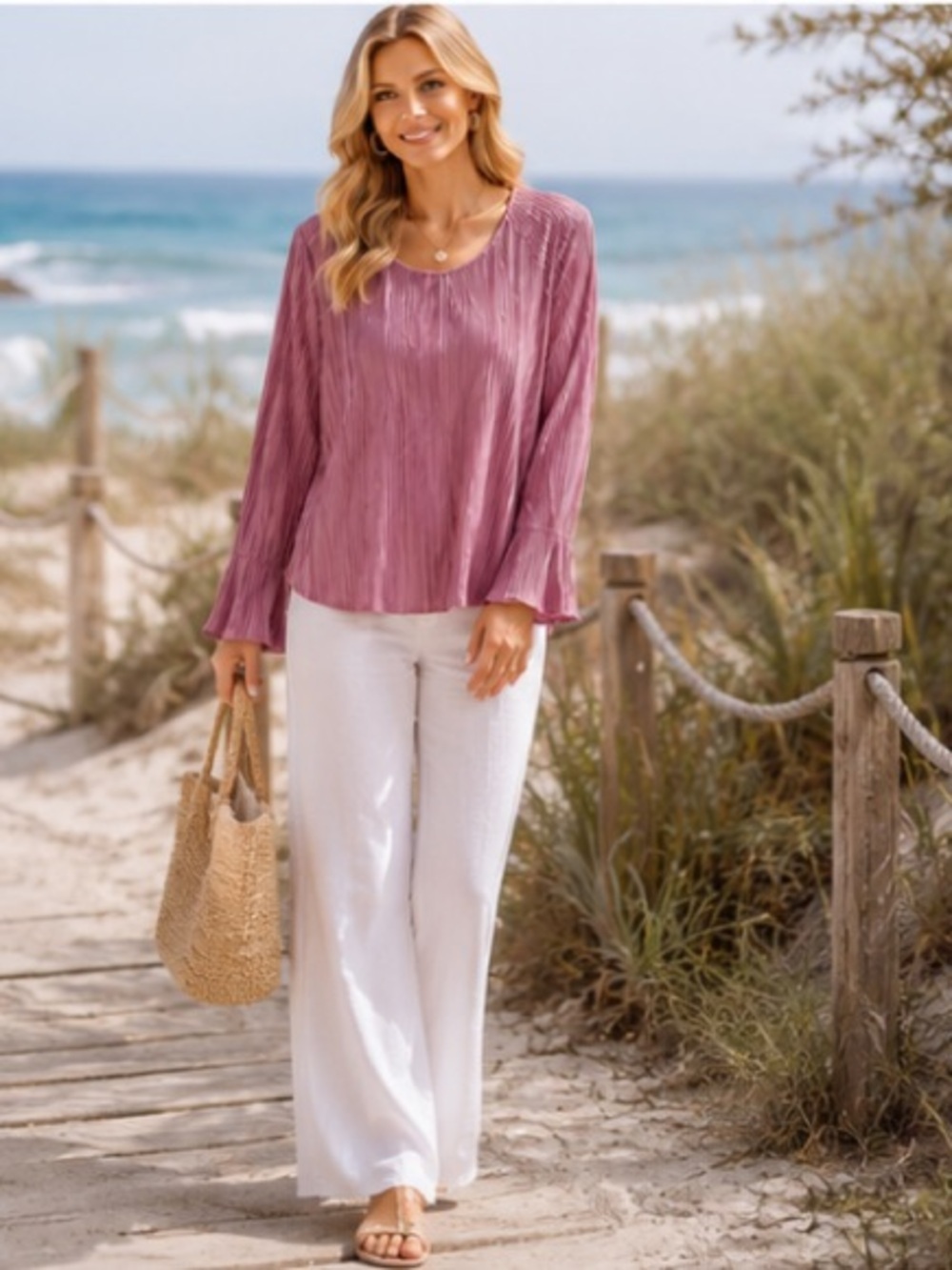 Inner Beauty Pink Pleated Stretch Blouse Made USA Scoop Neck Women’s 3X